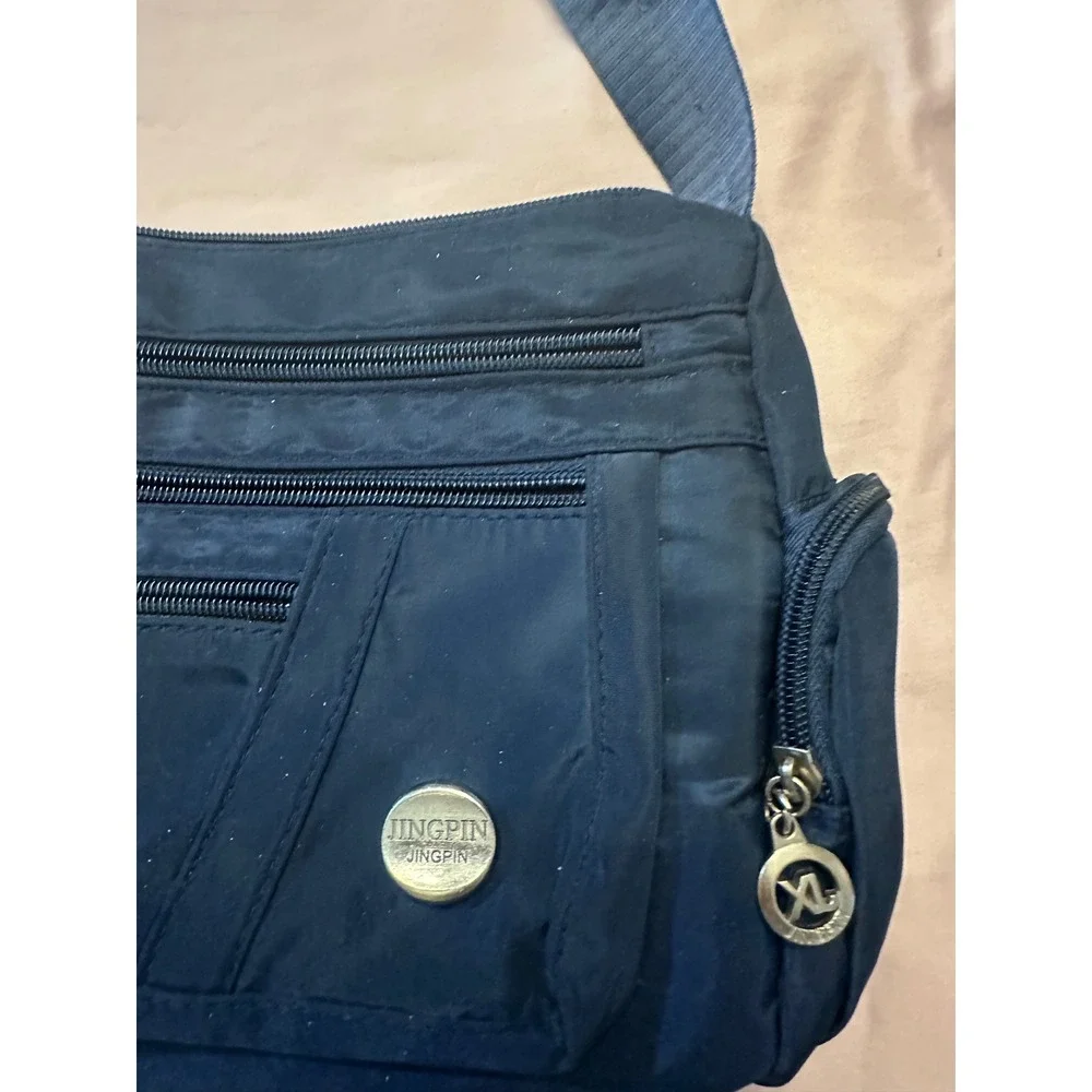 Jingpin Navy Blue Nylon Multi-Pocket Crossbody Organizer Bag Silver Hardware